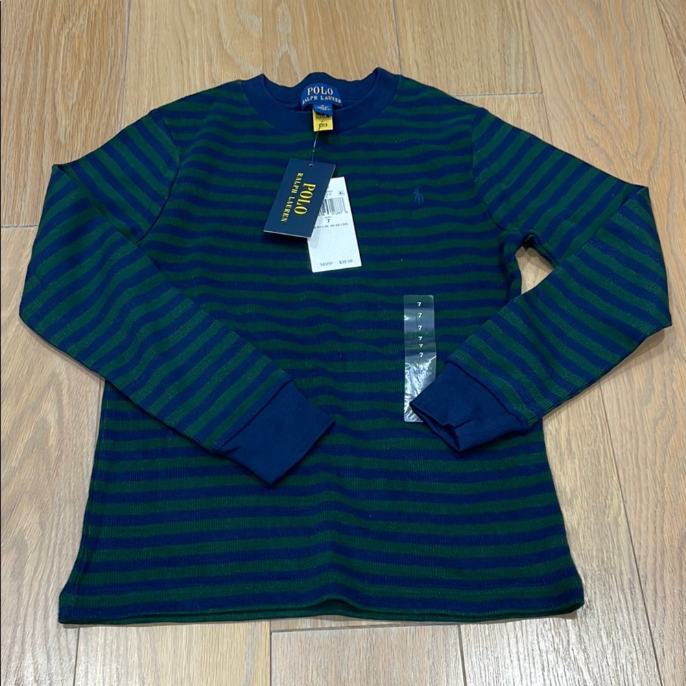 Polo Ralph Lauren Green and Blue Striped Ribbed Longsleeve boys tee T-shirt 7
